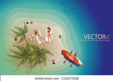 vector two young girls sunbath on the small island beach.paradise.summer
