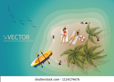 vector two young girls sunbath on the small island beach.paradise.summer
