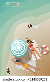 vector two young girls sunbath on the small island beach.paradise.summer
