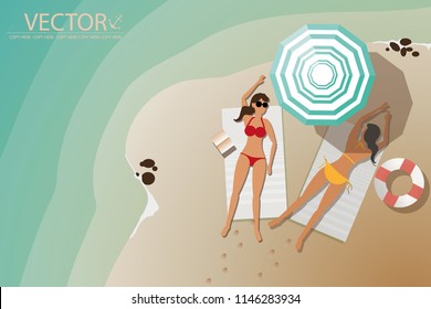 vector two young girls sunbath on the small island beach.paradise.summer
