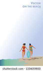 vector two young girls walking on the small island beach.paradise.summer