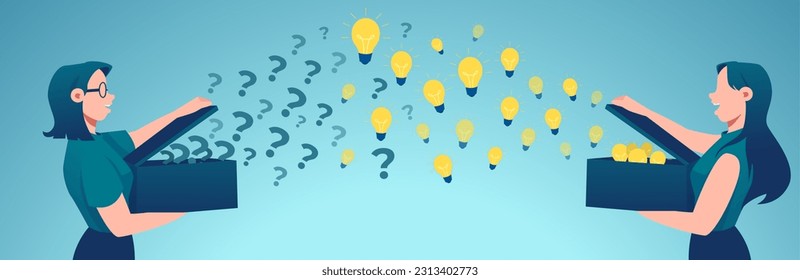 Vector of two young women communicating and helping each other to solve problems with new ideas.