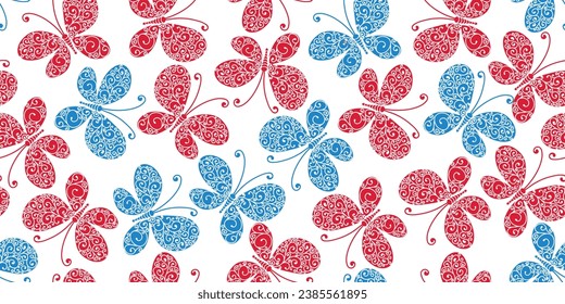 Vector two-color seamless pattern with hand-drawn red and blue butterflies on a transparent background
