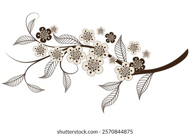 Vector two-color stylized image of a branch of cherry blossom. Isolated on a transparent background