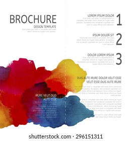 Vector two-fold brochure design template with colorful watercolor background.