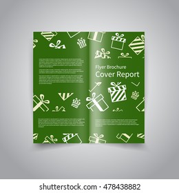 Vector two-fold brochure design template with abstract gift boxes pattern green background EPS10 Two-Fold Mock up and back Brochure Design for Merry Christmas and Happy New Year party promotion