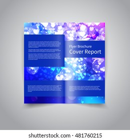 Vector two-fold brochure design template with abstract blue background with hearts and lights effects EPS10 Two-Fold Mock up and back Brochure Design for Valentines Day party promotion or invitation