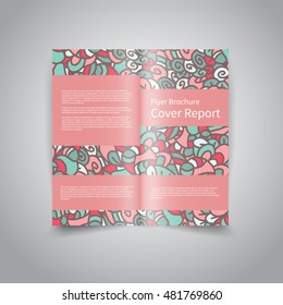 Vector two-fold brochure design template with abstract hand drawn retro colors floral ornament pattern background EPS10 Two-Fold Mock up and back Brochure Design 