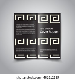 Vector two-fold brochure design template with abstract black and white geometric egyptian ornament pattern background EPS10 Two-Fold Mock up and back Brochure Design 