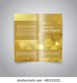 Vector two-fold brochure design template with abstract gold bokeh lights background with snowflakes EPS10 Two-Fold Mock up and back for Merry Christmas and Happy New Year promotion