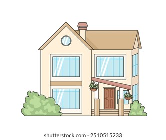 Vector two-storey private house in pastel colors with black linear outline. sale, purchase, rent of real estate. cottage surrounded by plants. large, bright, cozy house.