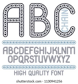 Vector type font, script from a to z. Capital creative letters, abc made with iron chain, linked connection.