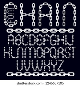 Vector type font, script from a to z. Capital creative letters made with iron chain, linked connection.