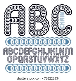 Vector type font, script from a to z. Capital decorative letters, abc created using chrome chain, linkage.