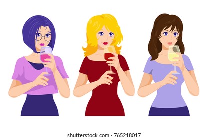 Vector type girls with wine. Evening, everyday, youth style. Women with a glass.