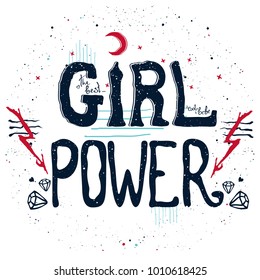 Vector type slogan Girl power with hand drawn elements on dark blue background. Inspirational print for typography poster, 
textile - shirts, bags, pillows.