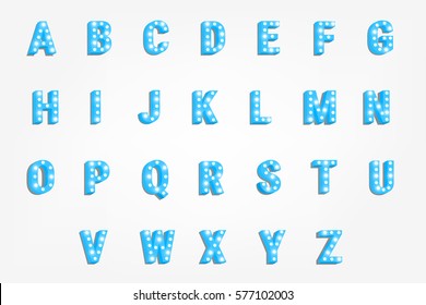 Vector typeface with bright light bulbs. Retro cinema and show alphabet. Font with lamps.