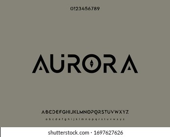 Vector typeface, minimal font, alphabet letters and numbers name aurora