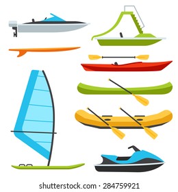 Vector types of boats, water scooter, catamaran, surf and windsurf. Isolated on white background. Flat design style.