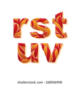 Vector typescript decorated with natural autumn pattern with seasonal orange leaves. Flowery alphabet, calligraphic ornamental lowercase letters, r, s, t, u.
