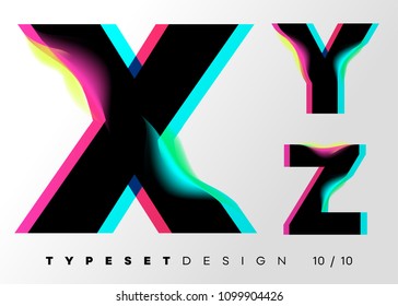 Vector Typeset Design. Neon Glitch Style. Black Bold Font, Double Exposure. Abstract Colorful Type for Creative Heading, Advertising Placard, Music Poster, Sale Banner. Trendy Neon Glowing Letters.