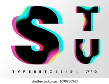 Vector Typeset Design. Neon Glitch Style. Black Bold Font, Double Exposure. Abstract Colorful Type for Creative Heading, Advertising Placard, Music Poster, Sale Banner. Trendy Neon Glowing Letters.