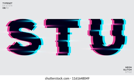 Vector Typeset Design. Neon Glitch Style. Black Bold Font, Double Exposure. Trendy Neon Glowing Letters. Abstract Colorful Type For Creative Heading, Music Poster, And Sale Banner. 