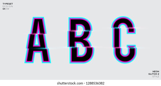 Vector Typeset Design. Neon Glitch Style. Trendy Neon Glowing Letters. Modern Custom Glitch Distortion Alphabet Font. Trendy Glitch Vector Font. Gray Background.