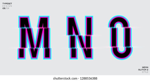 Vector Typeset Design. Neon Glitch Style. Trendy Neon Glowing Letters. Modern Custom Glitch Distortion Alphabet Font. Trendy Glitch Vector Font. Gray Background.