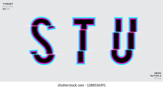 Vector Typeset Design. Neon Glitch Style. Trendy Neon Glowing Letters. Modern Custom Glitch Distortion Alphabet Font. Trendy Glitch Vector Font. Gray Background.