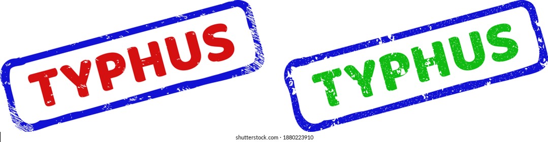 TIFUS vectorial enmarcado marcas de agua con un estilo impuro. Rosas marcas de agua rectangulares bicolores. Colores rojos, azules y verdes. Marcas de agua de textura plana con un título TIFUS dentro de un marco rectangular áspero.