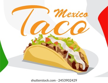 vector typical mexican food delicious taco celebrating Cinco de Mayo with color mexican flag background