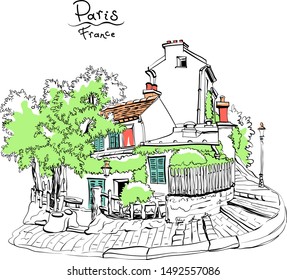 Vector Typical parisain street with old houses on Montmartre hill in Paris, France. Line art