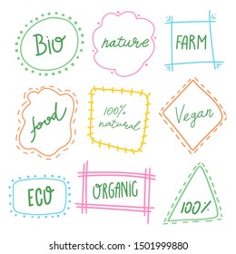 Vector typographic banner with phrases.Hand drawn element for labels, logos, badges.Calligraphic and typographic design for organic food. Vegan vibes and healthy food icons set. Social media messages.