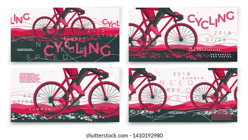 Vector typographic bicycle banners template set, with cyclist, grunge textures, and place for your texts.