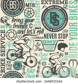 Vector typographic bicycle seamless pattern or background in black, teal and beige colors. Bike shop, service, mountain and road biking icons and design pieces