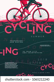 Vector typographic cycling poster template, with bycicle, grunge textures, and place for your texts.