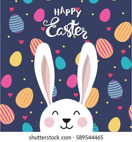 Vector typographic Easter poster. Easter bunny on a repeating decorated egg patter.