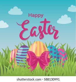 Vector typographic Easter poster with decorated eggs in grass.