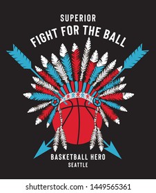 vector typographic illustration of basketball theme with indian feather headdress