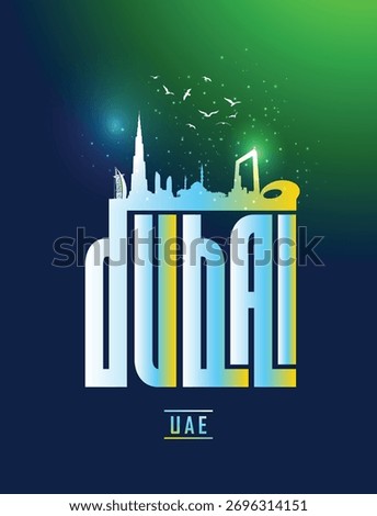 Vector typographic illustration of Dubai city in UAE.