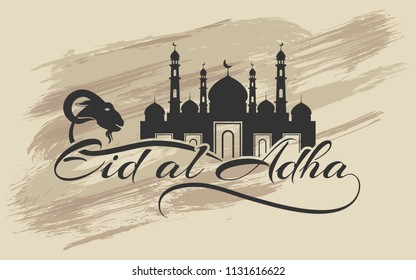 vector typographic illustration Eid Al Adha . lettering composition of muslim holy month with mosque building and goat