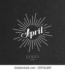 vector typographic illustration of handwritten April retro label with light rays. lettering logo composition 