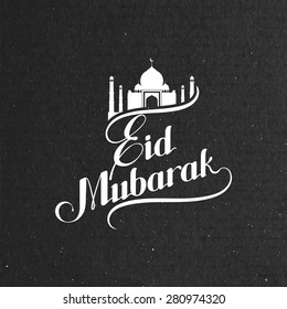 vector typographic illustration of handwritten Eid Mubarak retro label. lettering composition of muslim holy month with mosque building