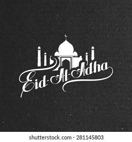 vector typographic illustration of handwritten Eid Al Adha retro label. lettering composition of muslim holy month with mosque building