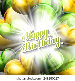 vector typographic illustration of handwritten Happy Birthday retro label on the balloon hearts background with shiny flash. holiday composition 