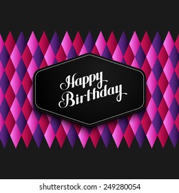 vector typographic illustration of handwritten Happy Birthday retro label on the geometric checkered background. lettering composition 