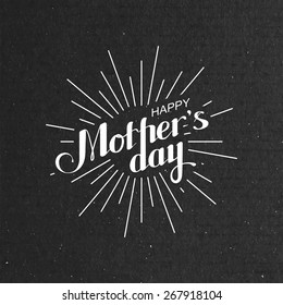 vector typographic illustration of handwritten Happy Mothers Day retro label with light rays. lettering composition 