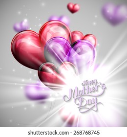 vector typographic illustration of handwritten Happy Mothers Day retro label with light rays or flash and flying balloon hearts. lettering composition 