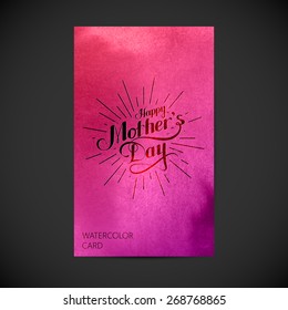 vector typographic illustration of handwritten Happy Mothers Day retro label with light rays on watercolor background. lettering composition. postcard design 